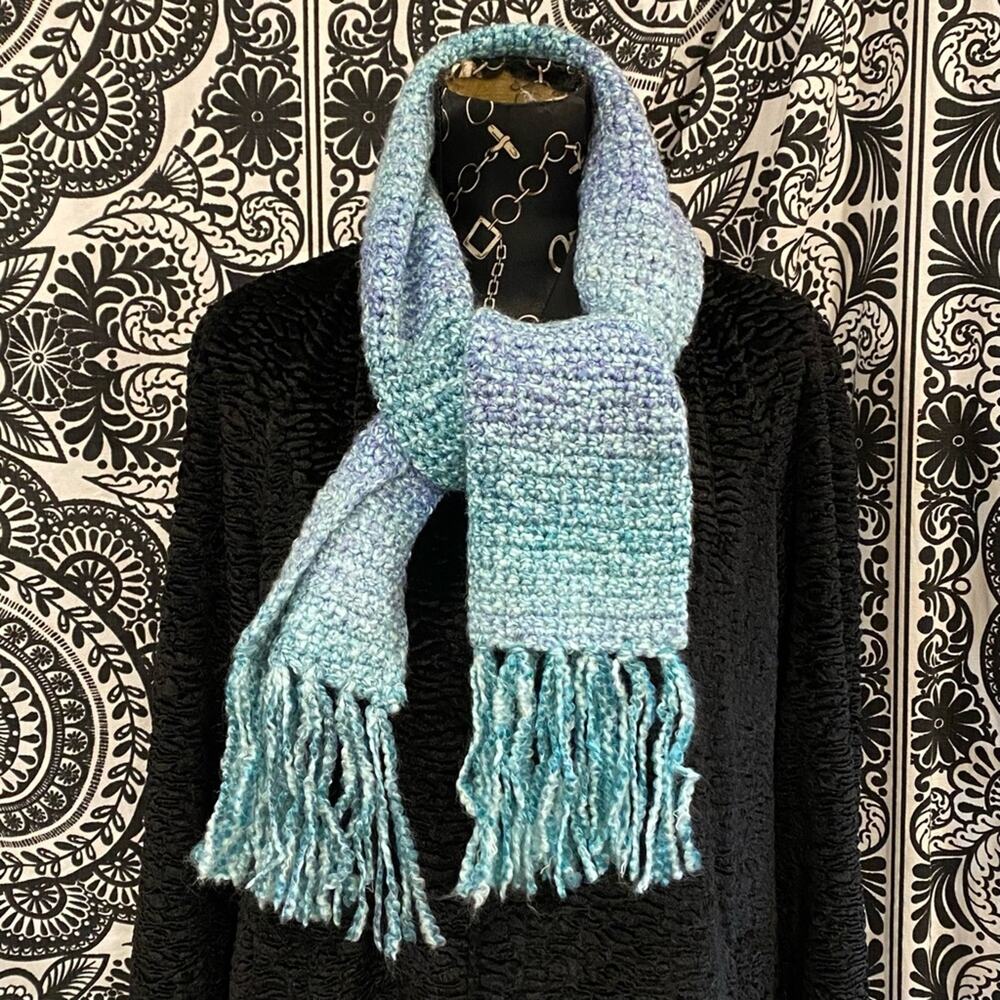 Blended Shades of Blues & Greens Hand Knit Scarf Long Fringed‎ Ends VERY SOFT